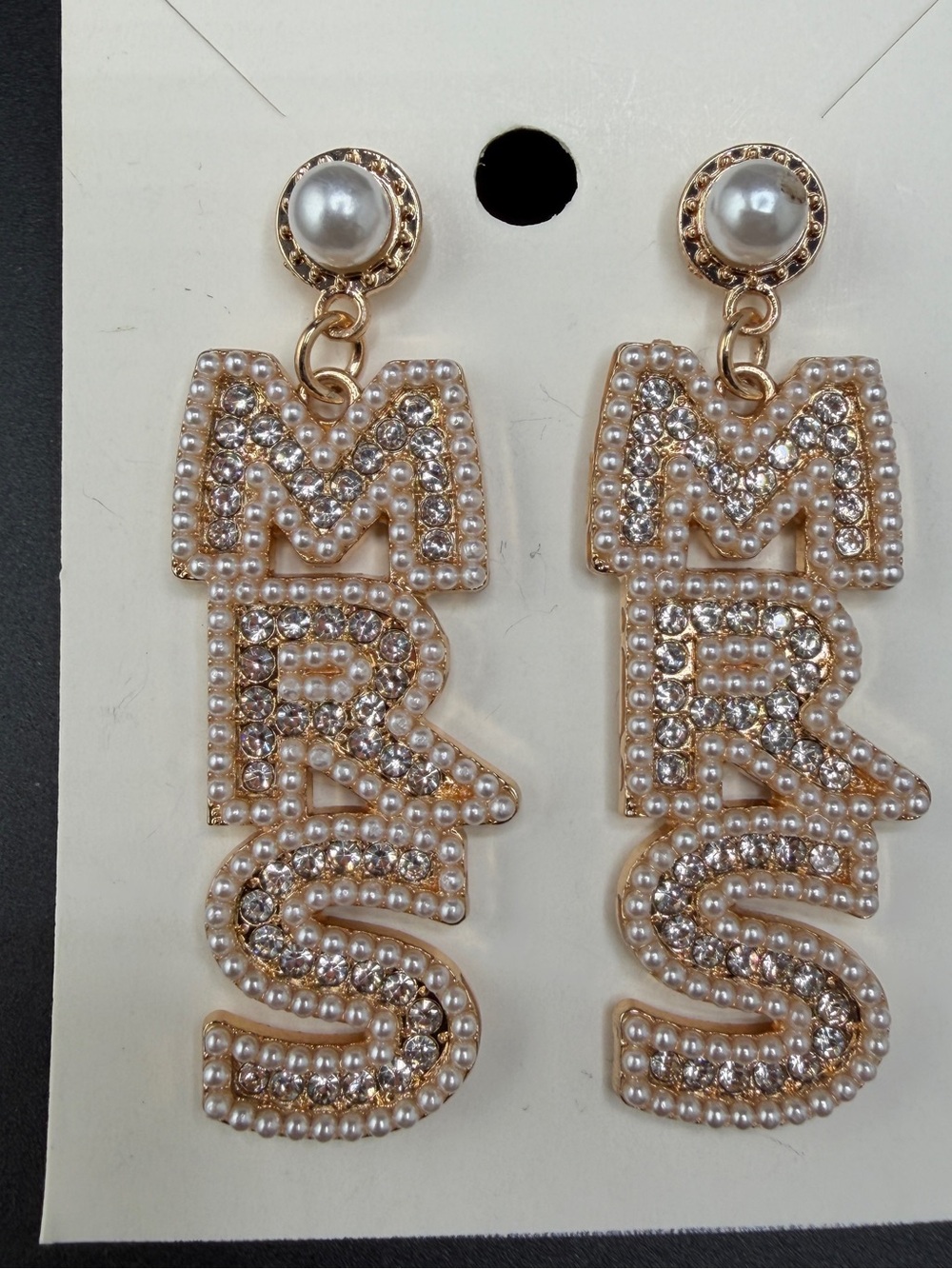 Bridal Dangle Earrings ~MRS~ Gold Tone With Faux Pearl Wedding Engagement 2 1/8”